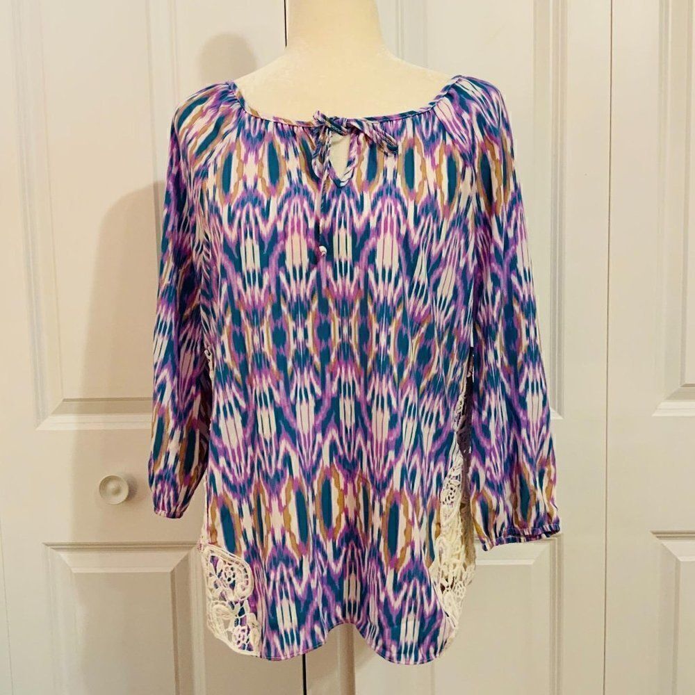 Moa Moa Purple Ikat Print Crochet Long Sleeve Top Large New